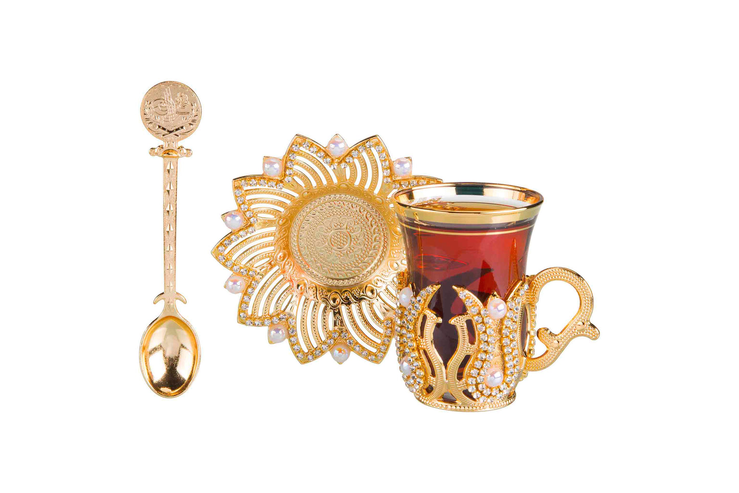 24 pcs. Tea Set with Spoon Stoned & Pearled Gold / Silver