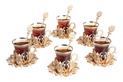 24 pcs. Tea Set with Spoon Stoned & Pearled Gold / Silver