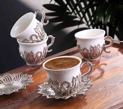 12 pcs. White Porcelain Coffee Set Gold / Silver