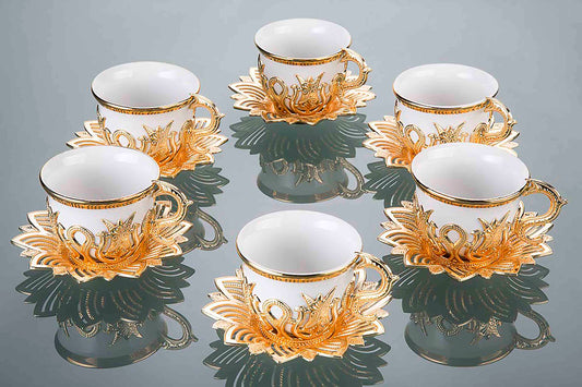 12 pcs. White Porcelain Coffee Set Gold / Silver