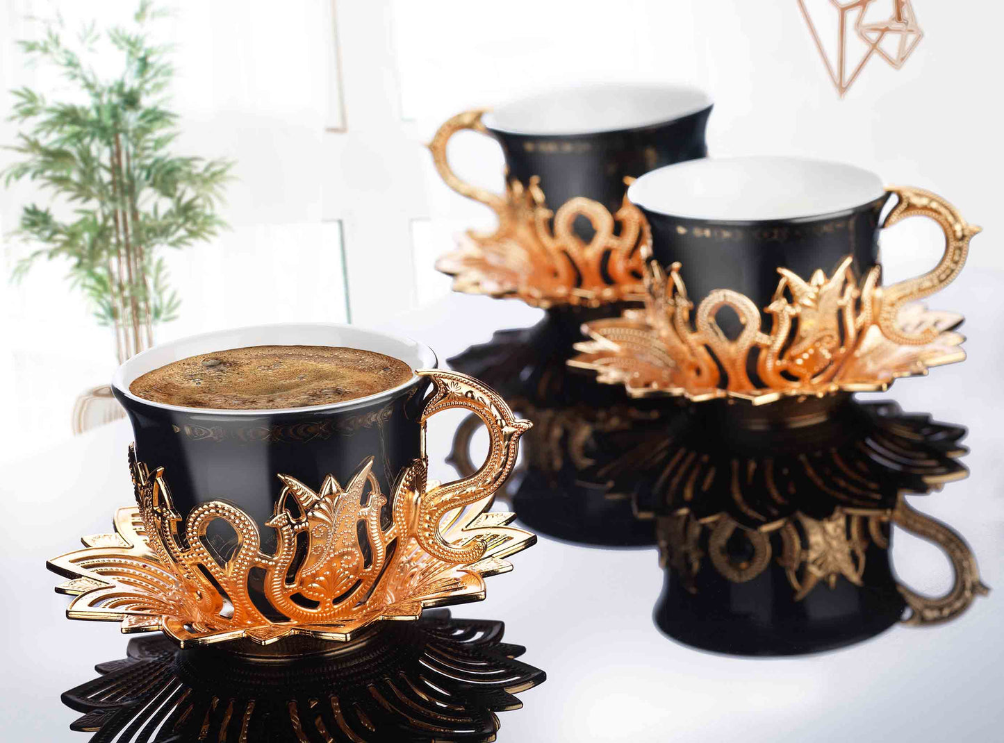 12 pcs. Black Porcelain Coffee Set Gold / Silver