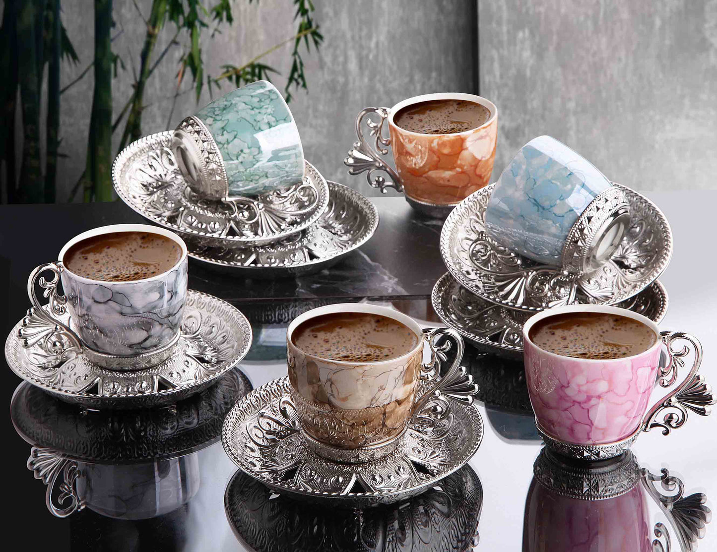 12 pcs. Colorful Porcelain Coffee Set Gold / Silver