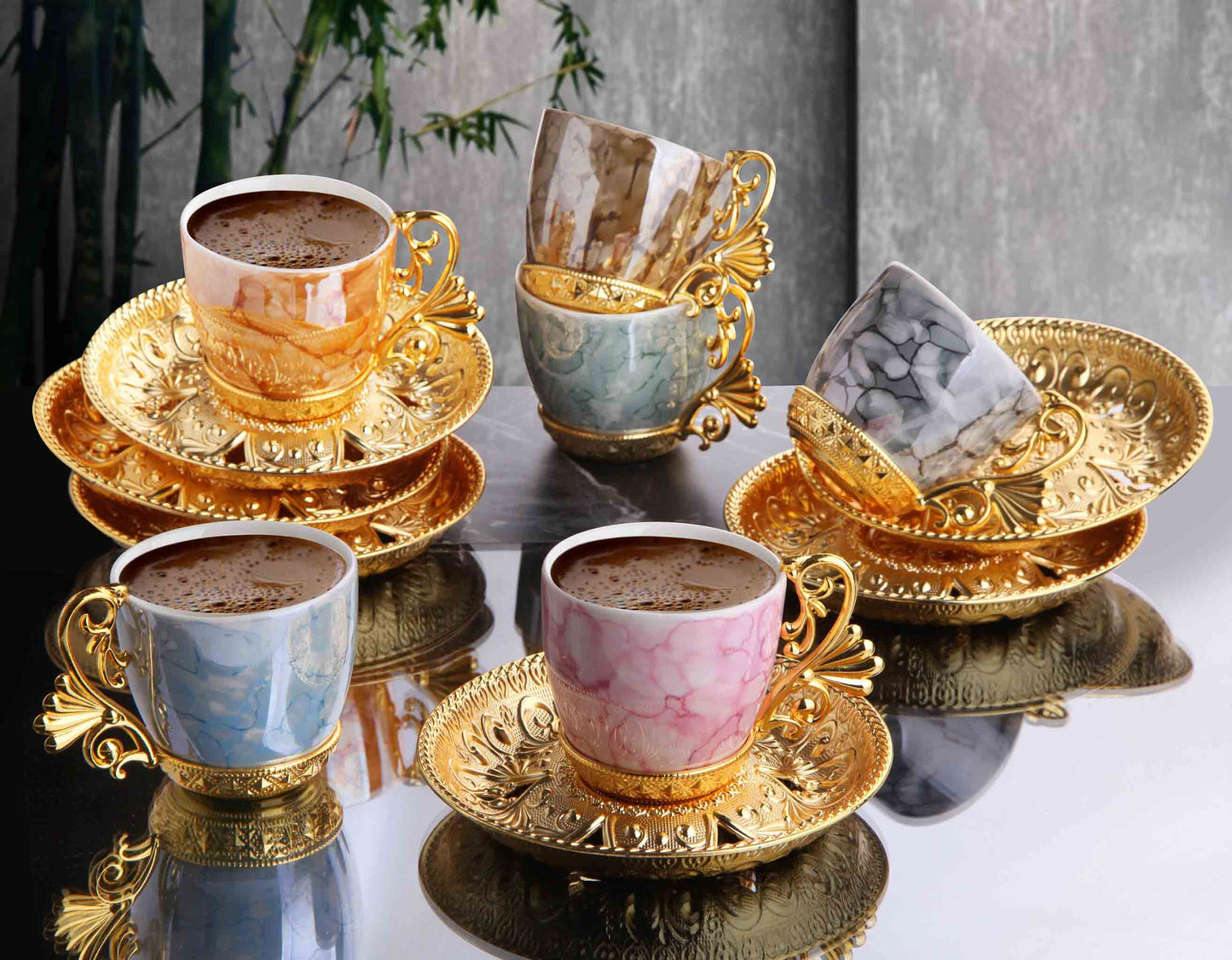 12 pcs. Colorful Porcelain Coffee Set Gold / Silver