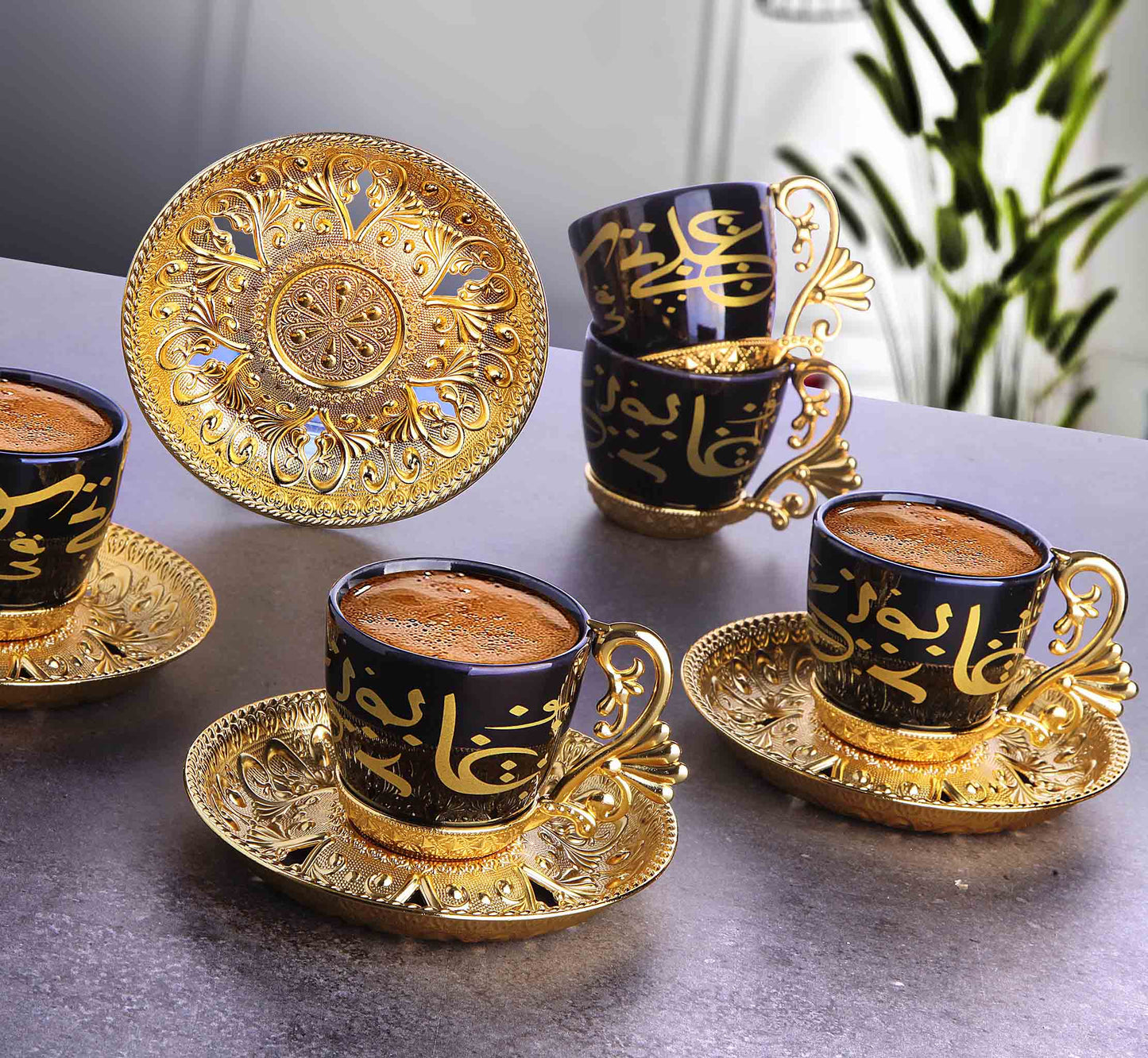 12 pcs. Black Porcelain Coffee Set Gold / Silver