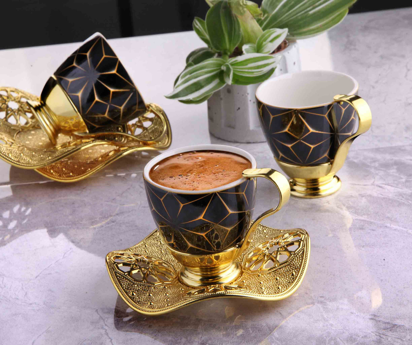 12 pcs. Black Porcelain Coffee Set Gold / Silver