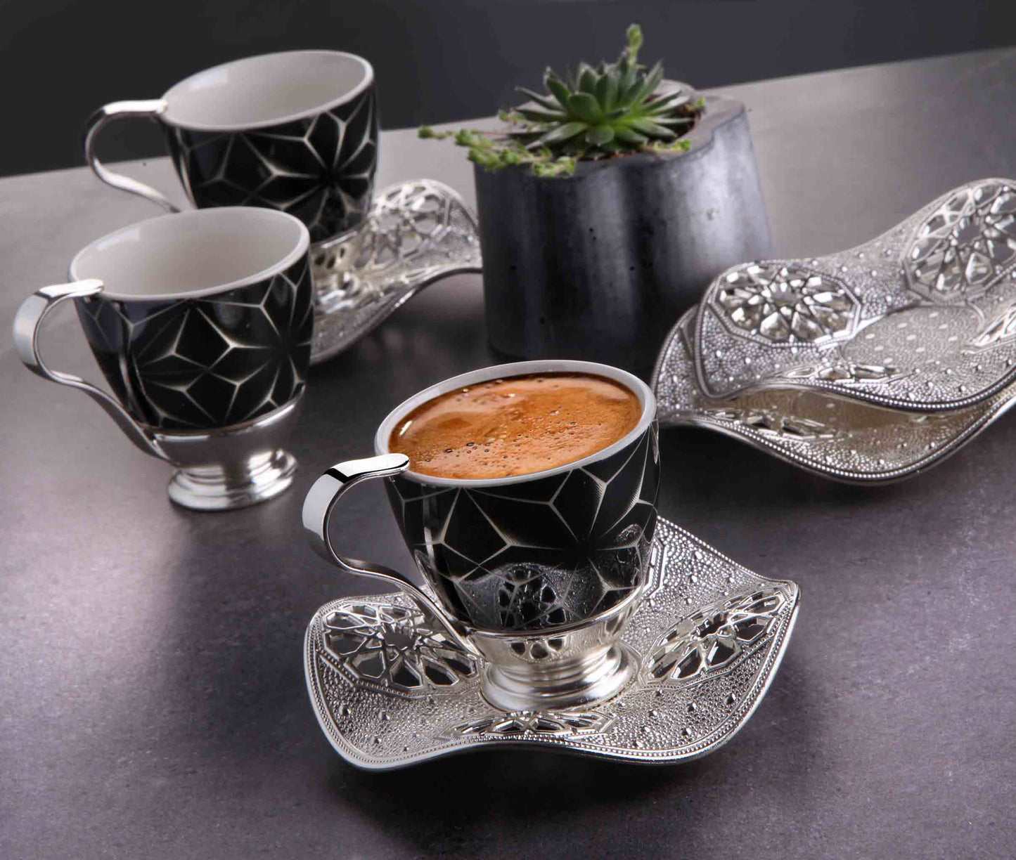 12 pcs. Black Porcelain Coffee Set Gold / Silver