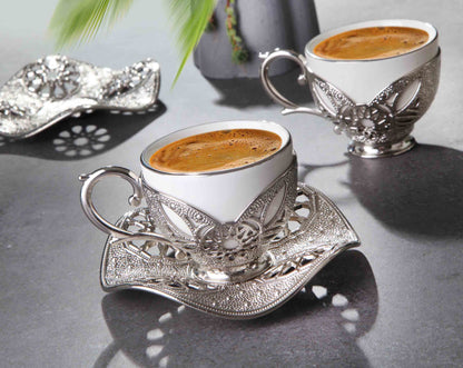 12 pcs. White Porcelain Coffee Set Gold / Silver