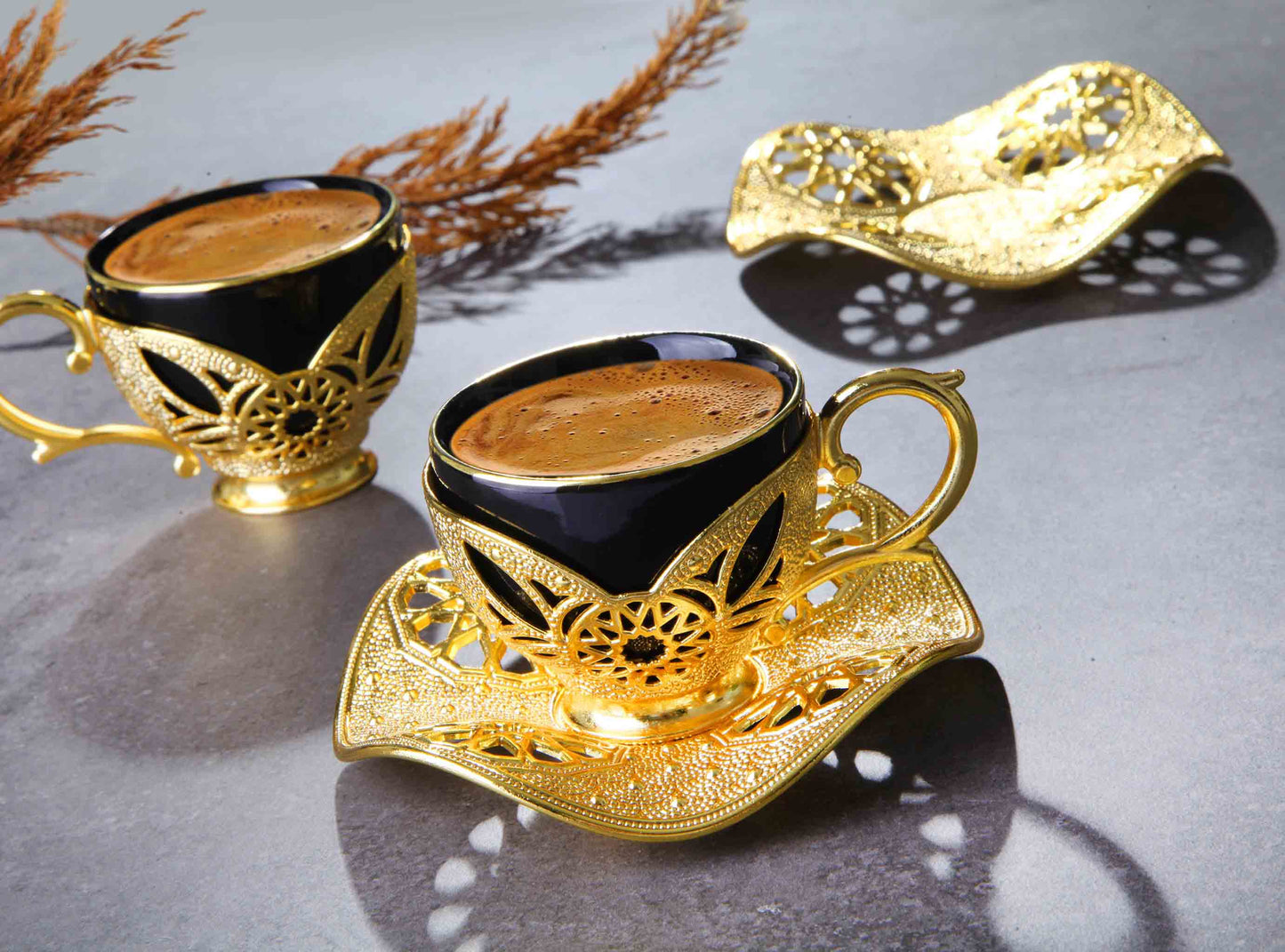 12 pcs. Black Porcelain Coffee Set Gold / Silver