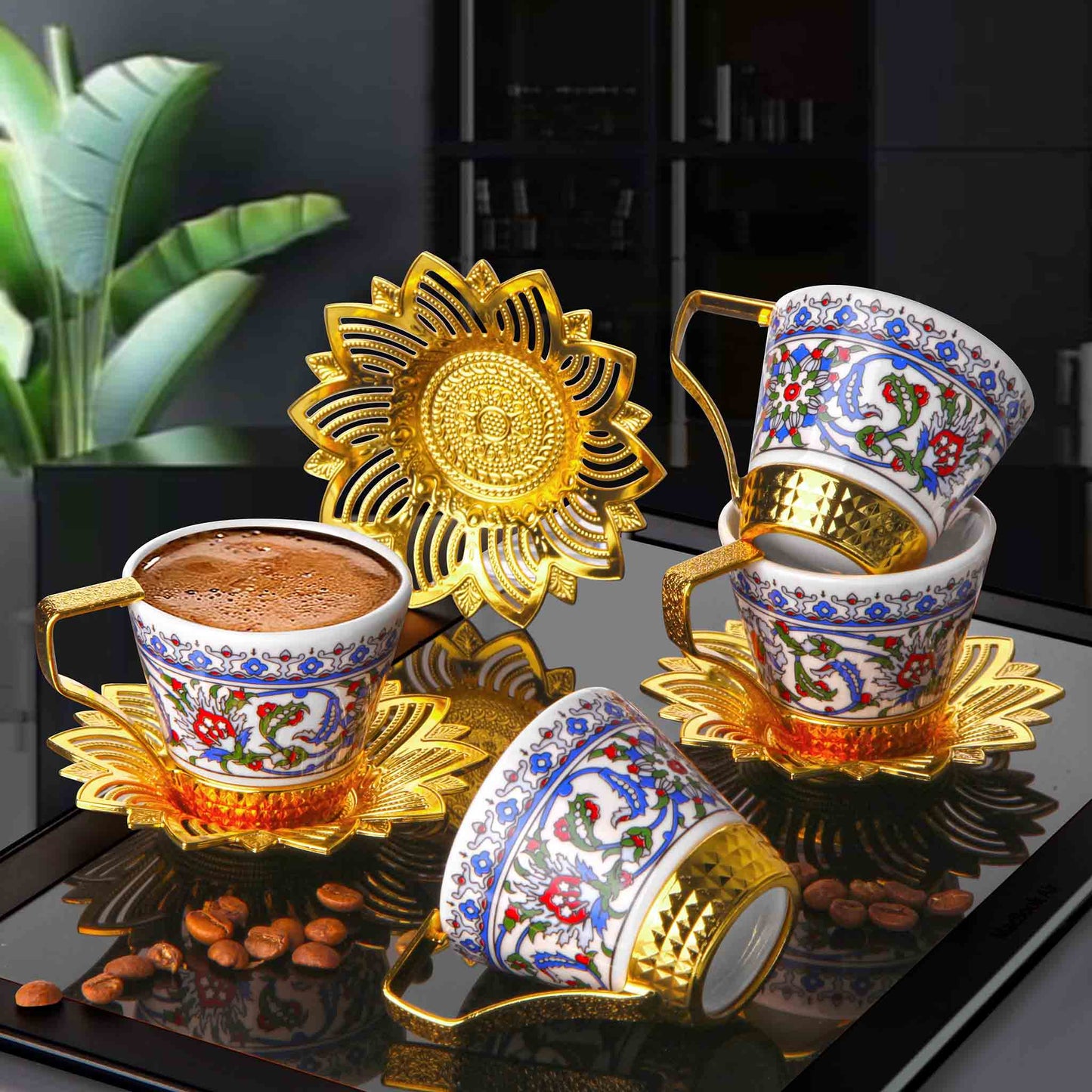 12 pcs. Flower Design Porcelain Coffee Set Gold / Silver