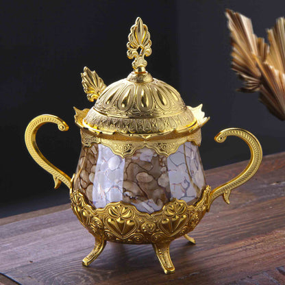 Round Porcelain Handled Brown Sugar Bowl with Cap & Spoon Golden Silver