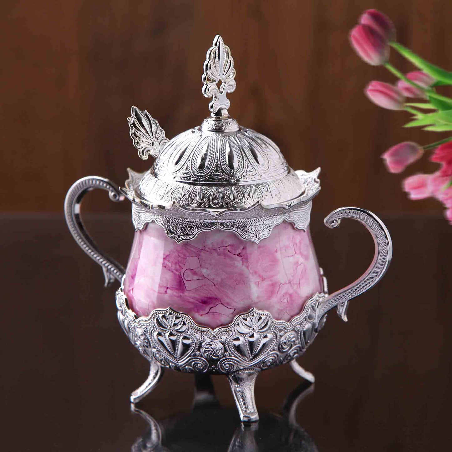 Round Porcelain Handled Pink Sugar Bowl with Cap & Spoon Golden Silver