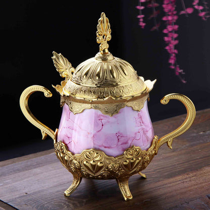 Round Porcelain Handled Pink Sugar Bowl with Cap & Spoon Golden Silver