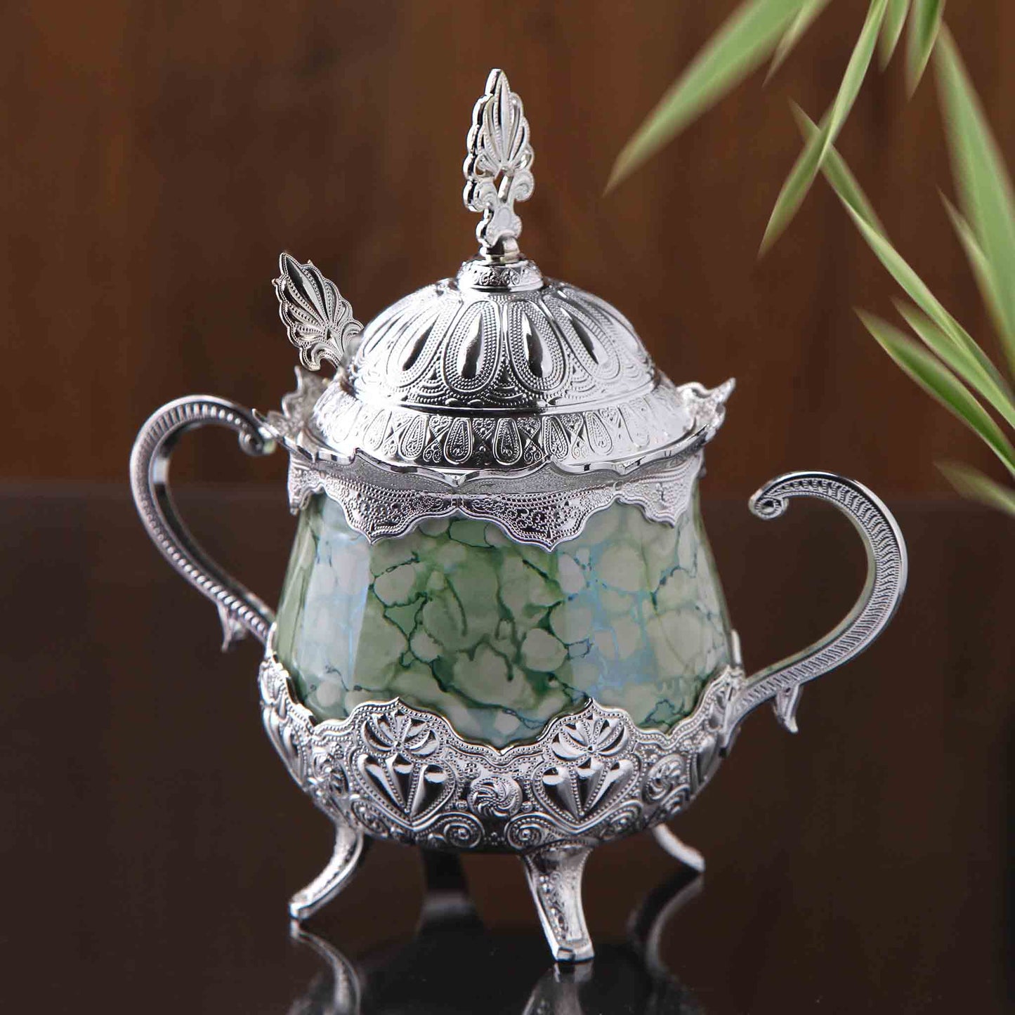 Round Porcelain Handled Green Sugar Bowl with Cap & Spoon Golden Silver