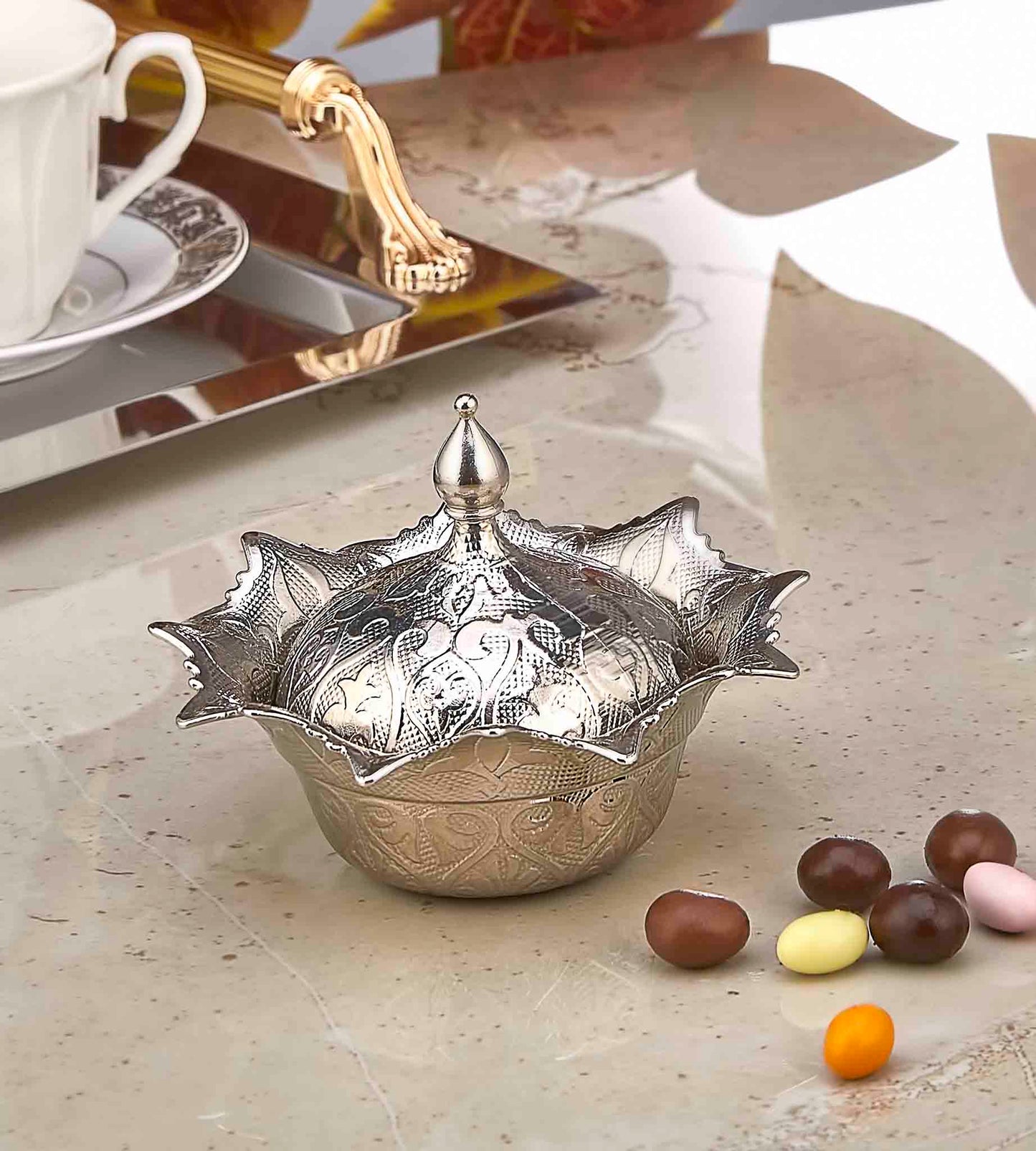 Round Sugar Bowl with Cap Golden Silver