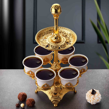 Seven Pieces Porcelain Mirra Coffee Set with Stand Gold / Silver