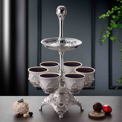 Seven Pieces Porcelain Mirra Coffee Set with Stand Gold / Silver