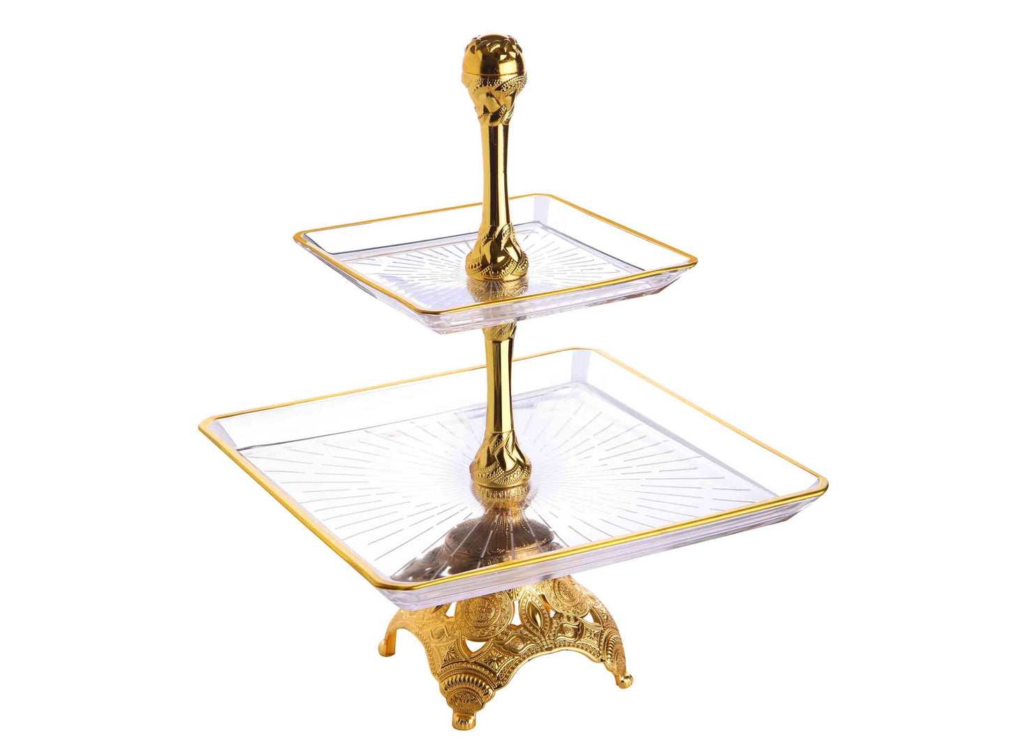 Two Tier Cookie Stand with Engraved Metal and Glass Gold / Silver