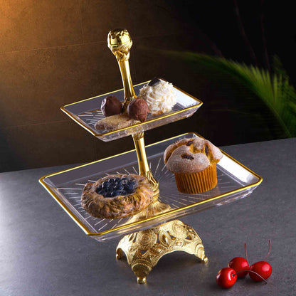 Two Tier Cookie Stand with Engraved Metal and Glass Gold / Silver