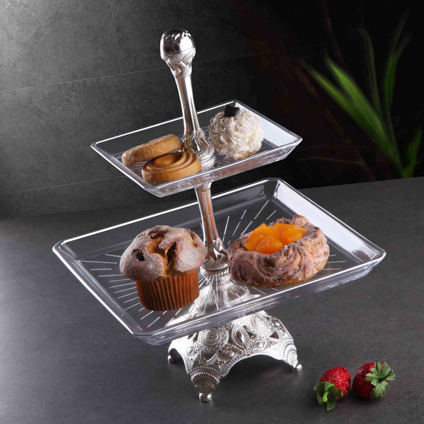 Two Tier Cookie Stand with Engraved Metal and Glass Gold / Silver