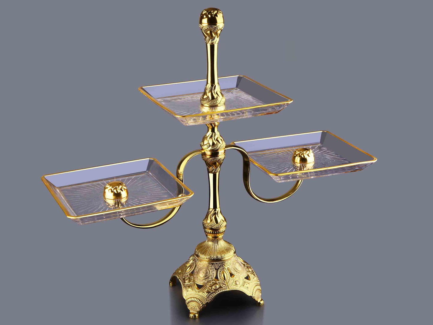 Triple Cookie Stand with Engraved Metal and Glass Gold / Silver