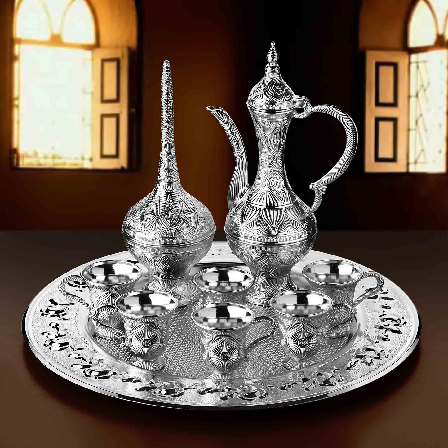 9 pcs. Zamzam Set with Tray & Bottle Gold / Silver