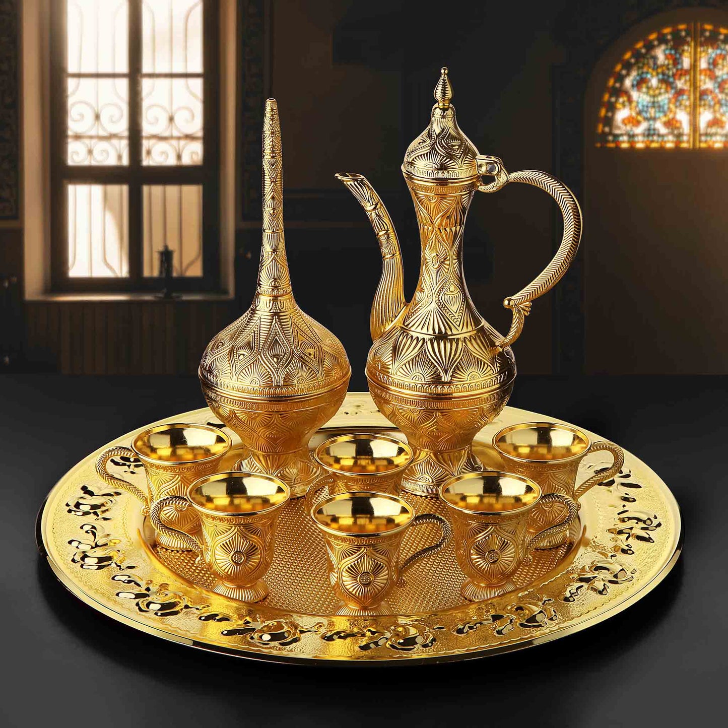 9 pcs. Zamzam Set with Tray & Bottle Gold / Silver