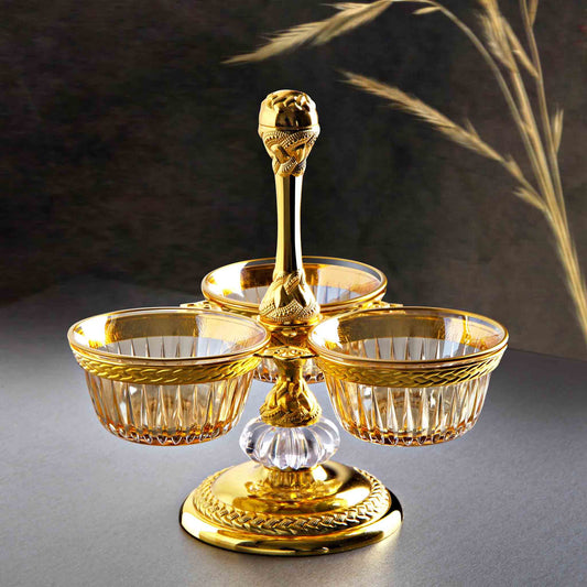 Triple Snack Bowl with Engraved Metal and Glass Gold / Silver