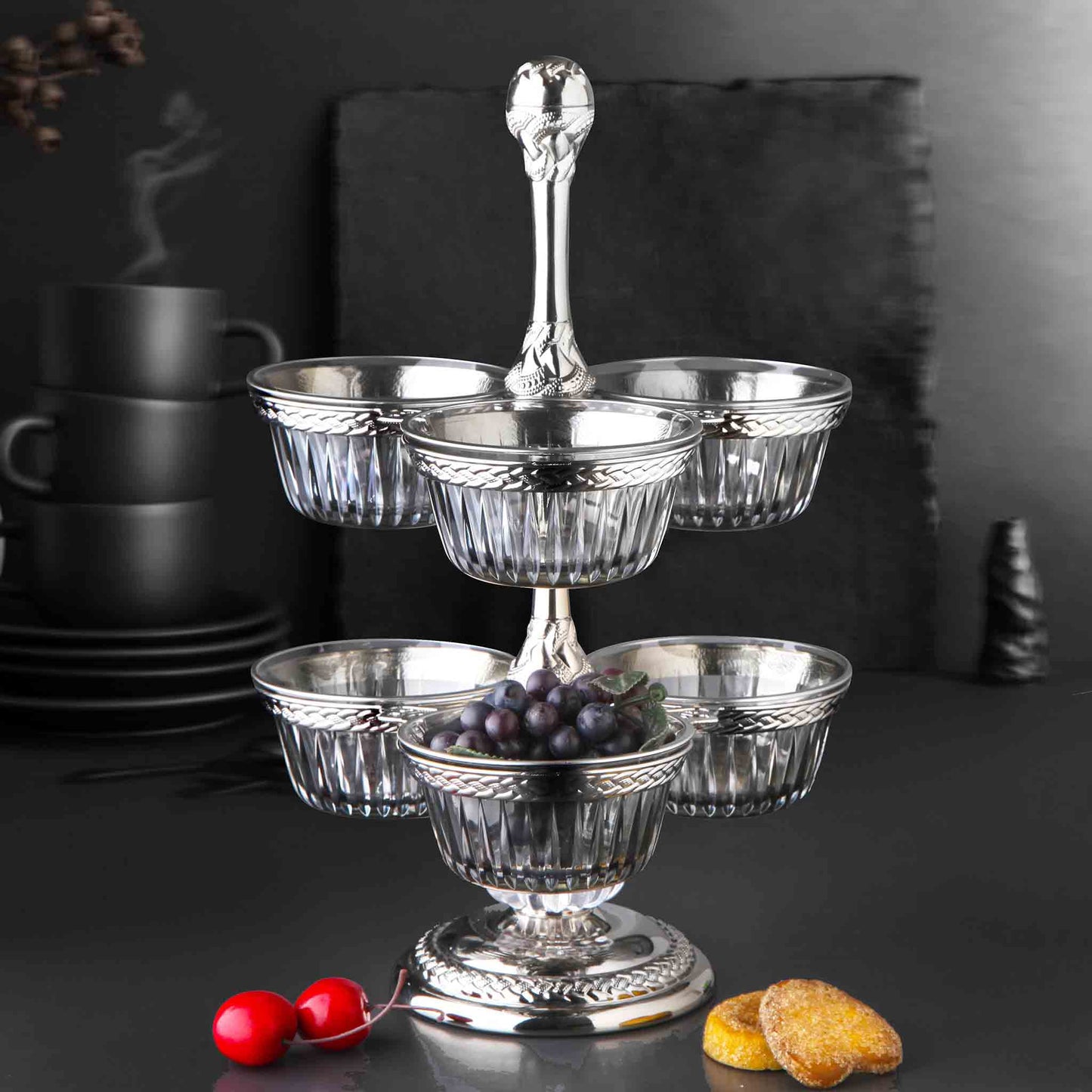 Two Tier Six Piece Snack Bowl with Engraved Metal and Glass Gold / Silver