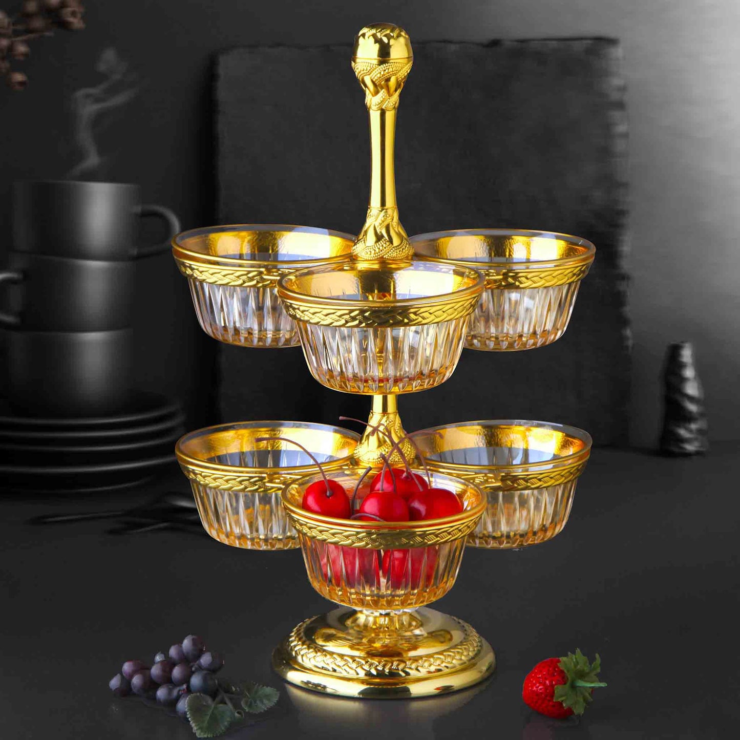 Two Tier Six Piece Snack Bowl with Engraved Metal and Glass Gold / Silver